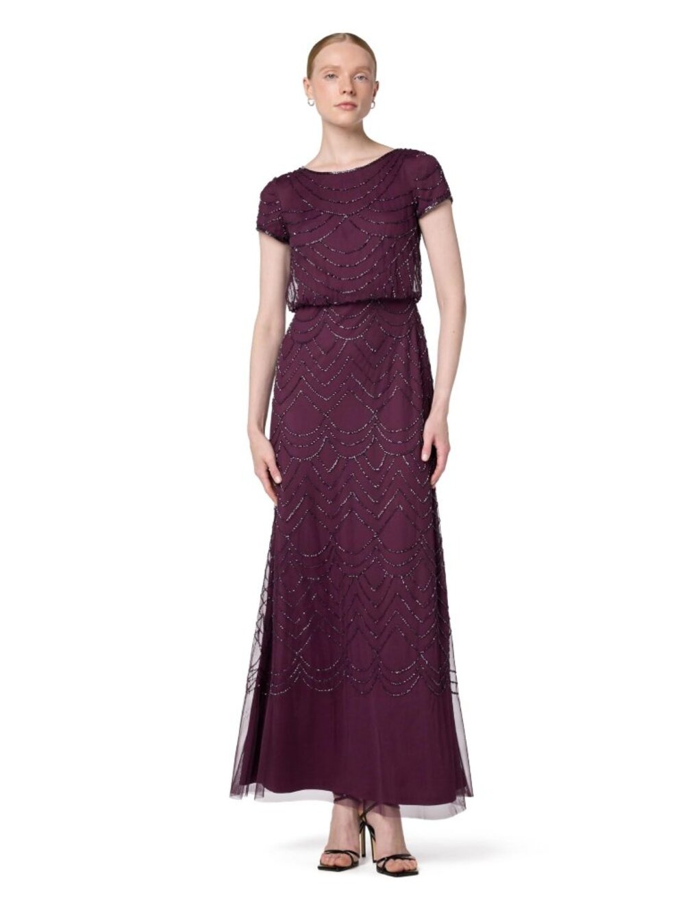 Adrianna Papell Women's Size 4 Short Sleeve Beaded Gown (eggplant/purple)